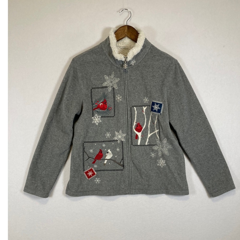 Grandma Chic Fleece‎ Jacket Women PM Grey Cardinal Snowflake Winter Full Zip
